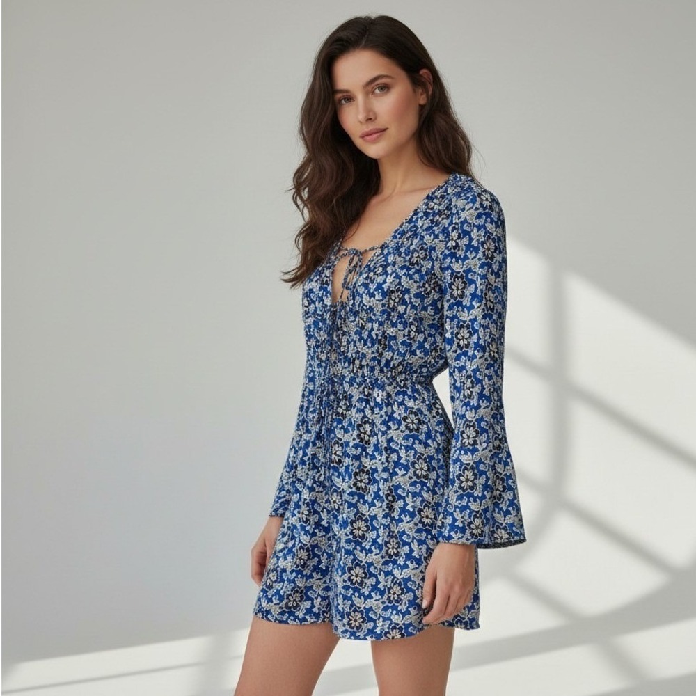 J.Crew Blue White Floral Cotton Tie Front Mini Dress Long Sleeve Size XS